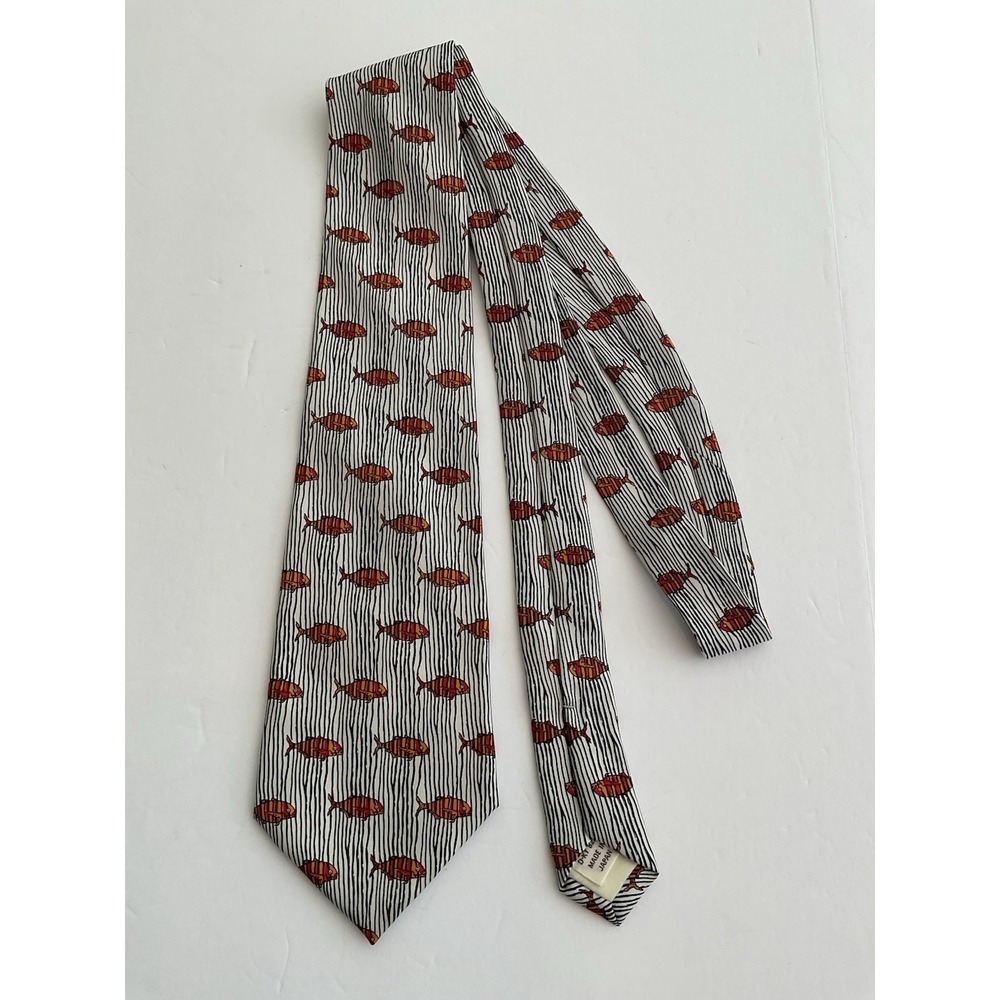 Mens Barry Wells Gray White Orange Fish Silk Tie Made in Japan